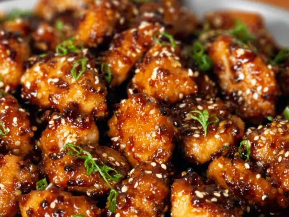 Craggy battered chicken bites in a dark glossy honey-garlic glaze in a white bowl, with heavy sesame seeds and chopped green herbs