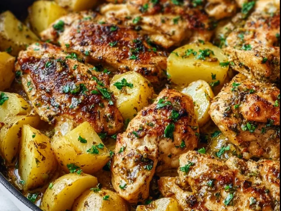 A skillet of browned chicken thigh pieces and quartered gold potatoes in a garlic butter sauce, scattered with chopped parsley