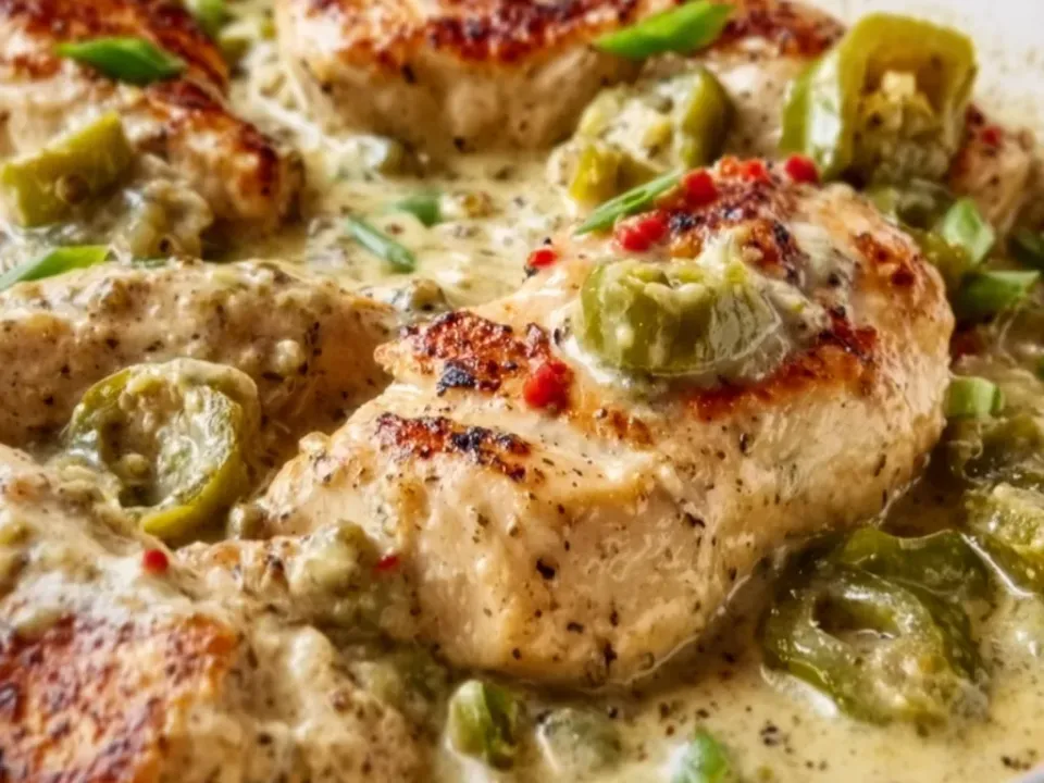 Seared chicken cutlets in a pale creamy sauce with sliced pepperoncini rings and pepper flakes, in a skillet