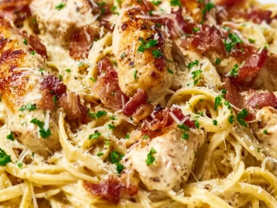 Spaghetti in a pale creamy sauce with browned chicken pieces, crisp bacon, grated Parmesan and parsley in a white bowl