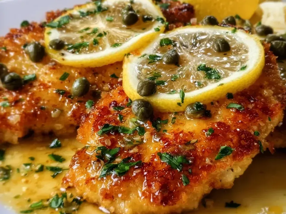 Two golden pan-fried chicken cutlets on a white plate in a lemon-butter sauce with capers and softened lemon slices, finished with parsley