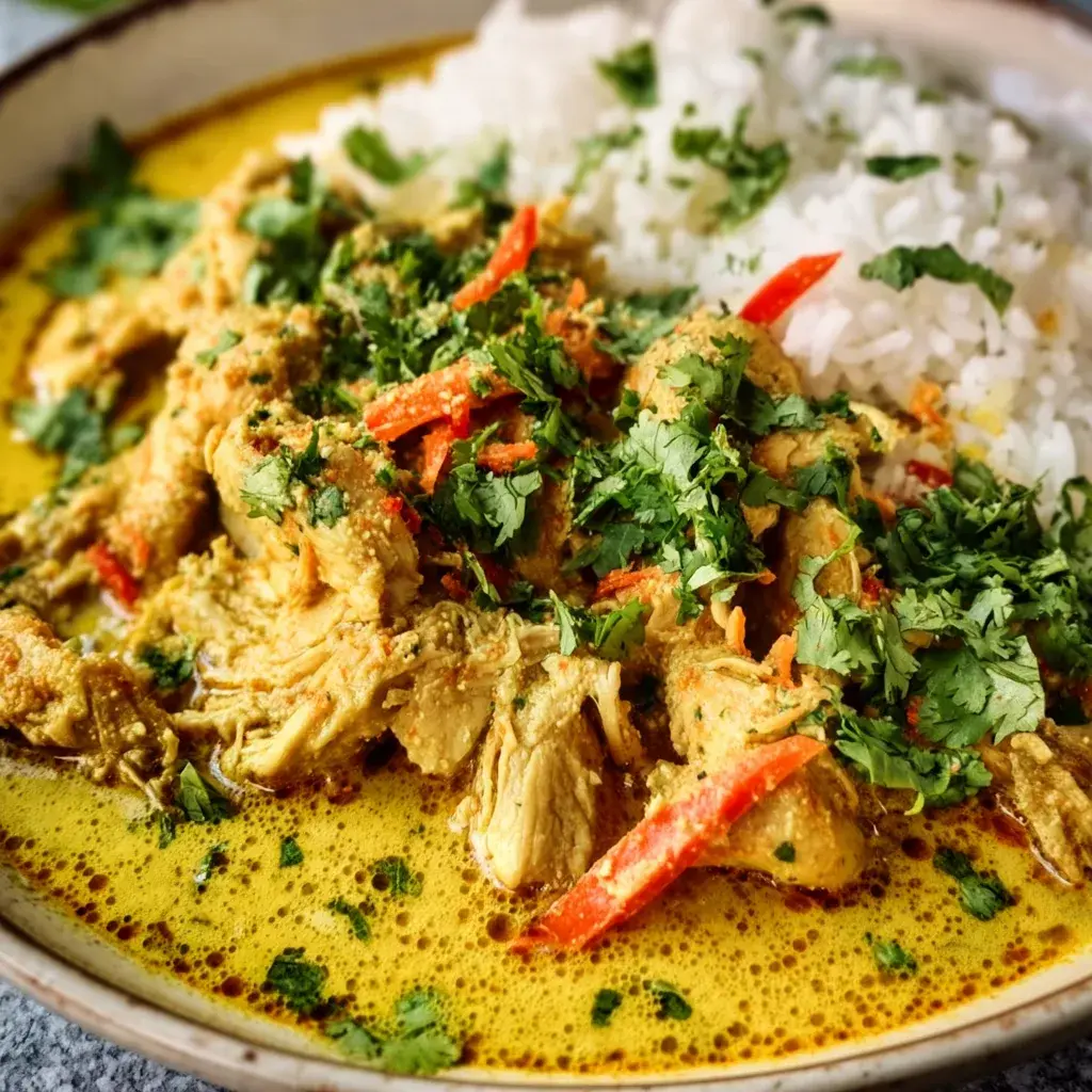 Shredded chicken in a bright yellow coconut curry sauce with red pepper strips and heavy fresh cilantro, beside white rice in a wide bowl