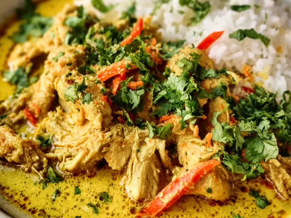 Shredded chicken in a bright yellow coconut curry sauce with red pepper strips and heavy fresh cilantro, beside white rice in a wide bowl
