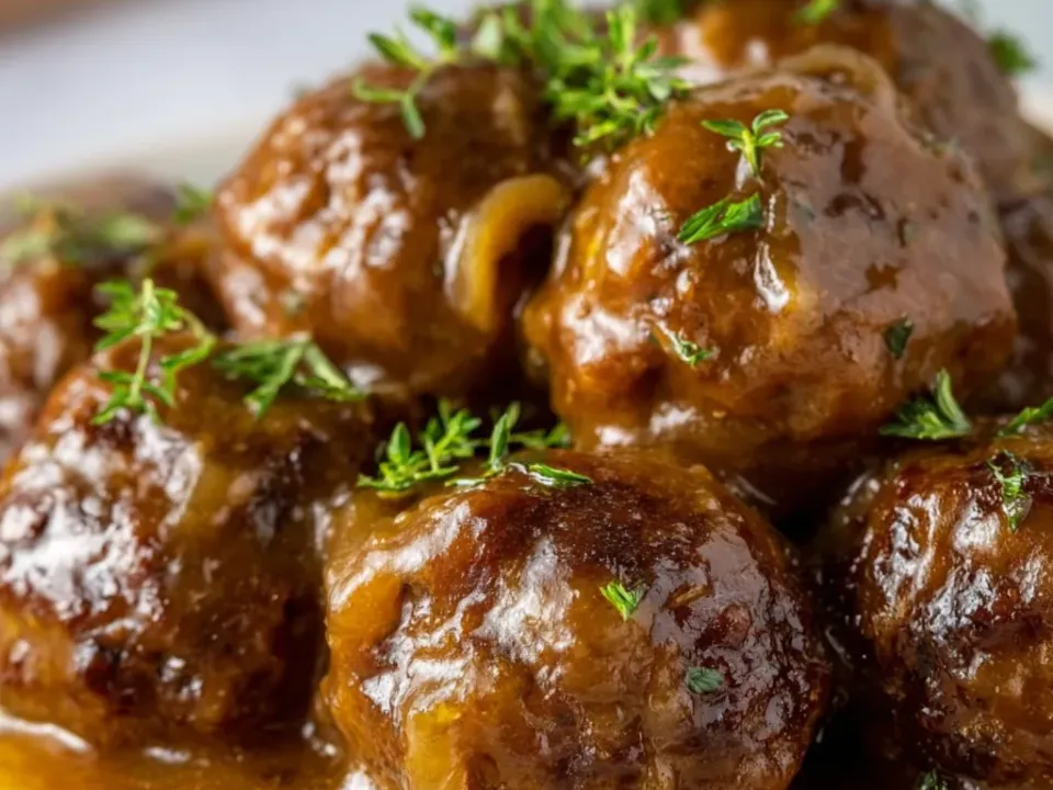 Meatballs in a dark brown onion gravy scattered with fresh thyme leaves