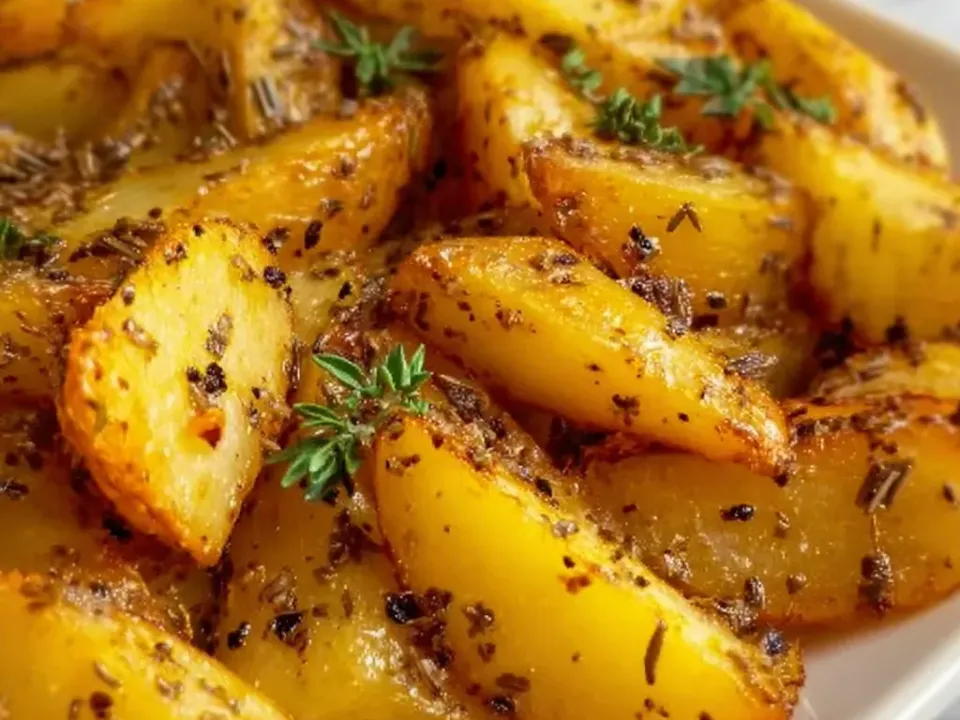 A white platter of golden roasted potato wedges with crisp browned edges, coated in dried herb flecks and garnished with fresh thyme sprigs
