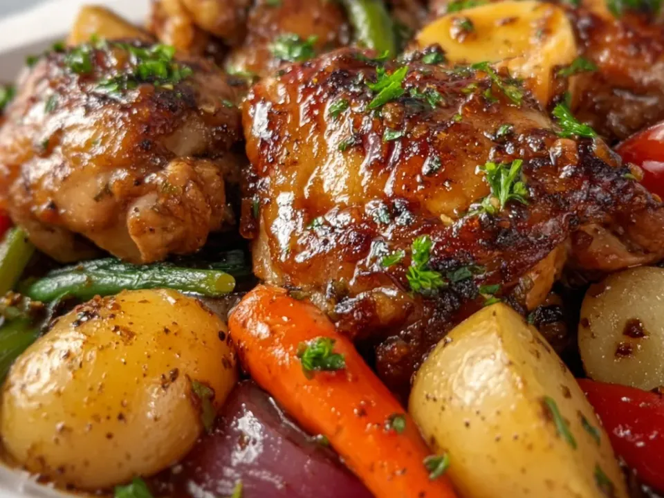 Deeply browned bone-in chicken thighs in a dark glossy glaze with baby potatoes, carrot batons, green beans, red onion wedges and red pepper on a white plate