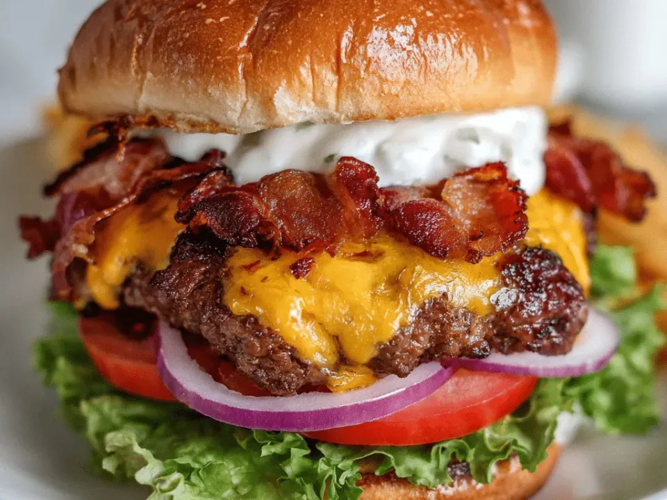 A tall burger on a glossy brioche bun with a seared beef patty under melted orange cheddar, crisp bacon, thick white ranch, red onion rings, a tomato slice and green lettuce