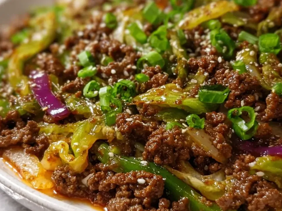 A plate of browned ground beef crumbles with wilted green cabbage, green bell pepper and red onion in a glossy reddish-brown sauce, with green onion, sesame seeds and white rice