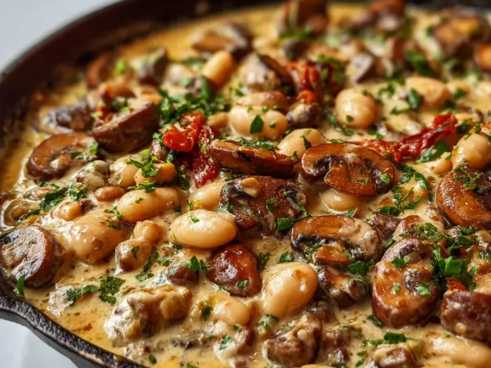 Whole white beans and browned sliced mushrooms in a thick pale cream sauce with sun-dried tomato pieces and parsley in a dark cast-iron skillet