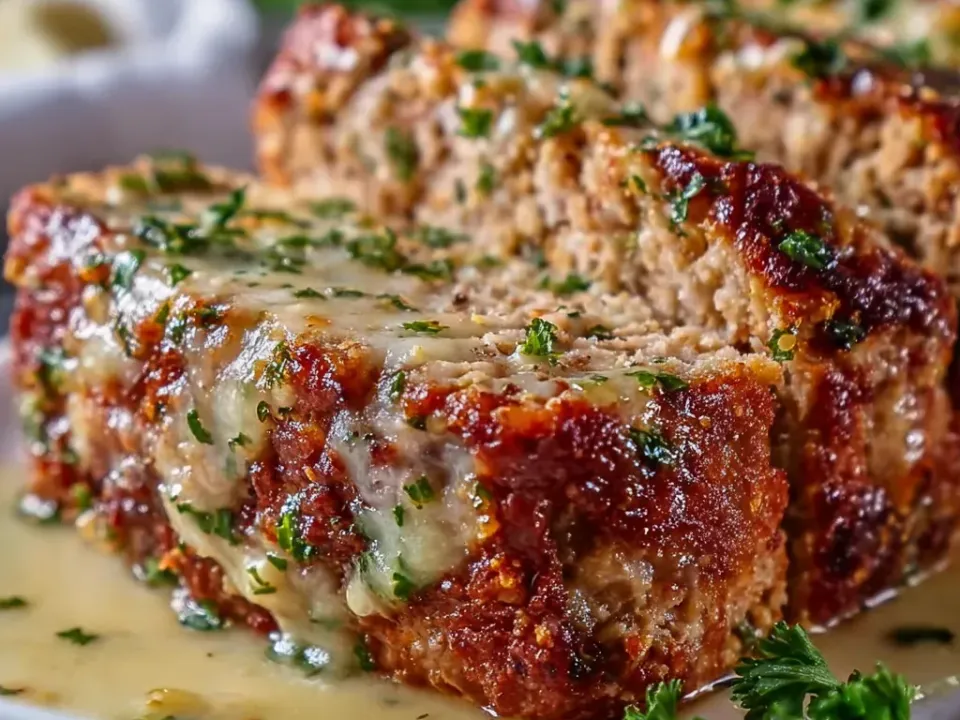 Slices of browned chicken meatloaf on a white plate with melted cheese visible in the centre of each slice, sitting in a pale garlic-Parmesan sauce with parsley