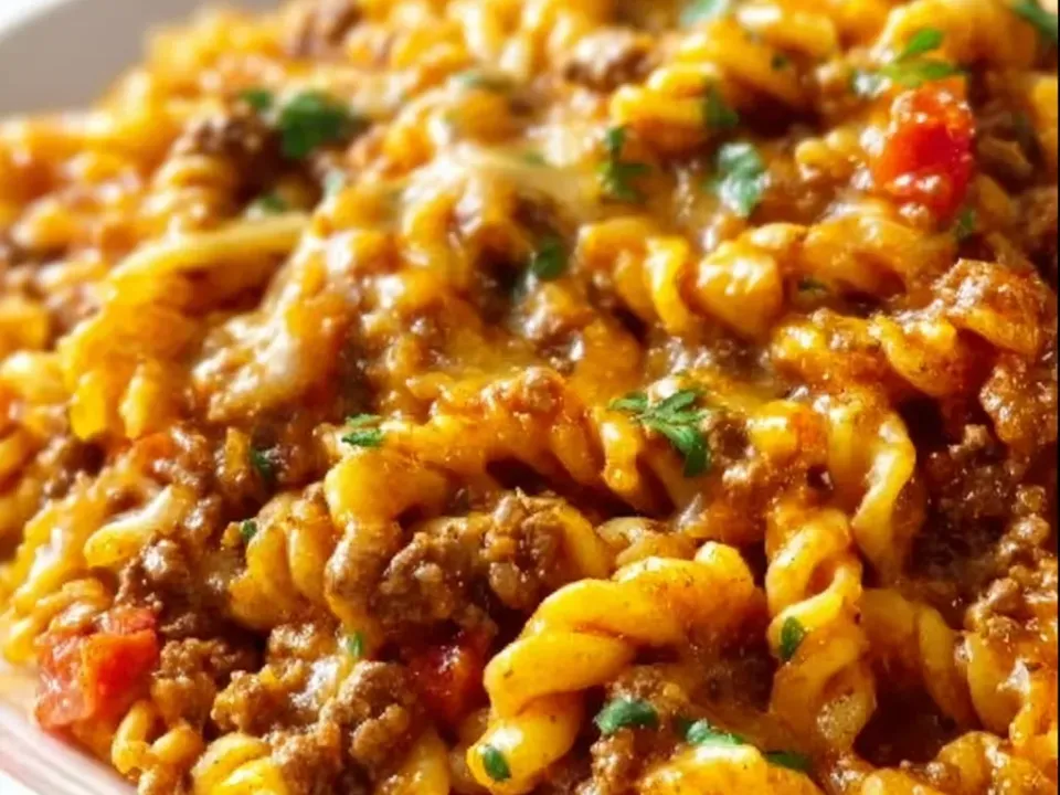 A white plate of rotini in an orange taco-seasoned cheese sauce with browned ground beef, diced tomato, melted cheddar and chopped cilantro