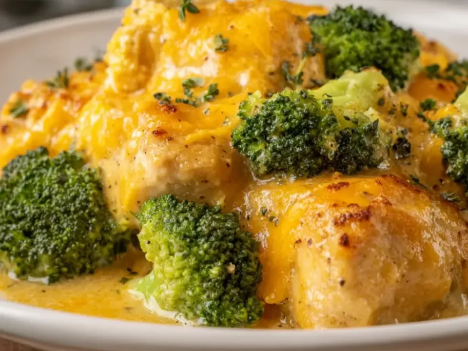 Chunks of chicken and broccoli florets under a thick orange cheddar sauce browned in patches, in a cream-coloured bowl