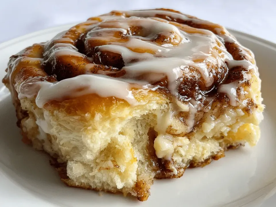 Crockpot cinnamon roll casserole with glaze drizzled over a golden top