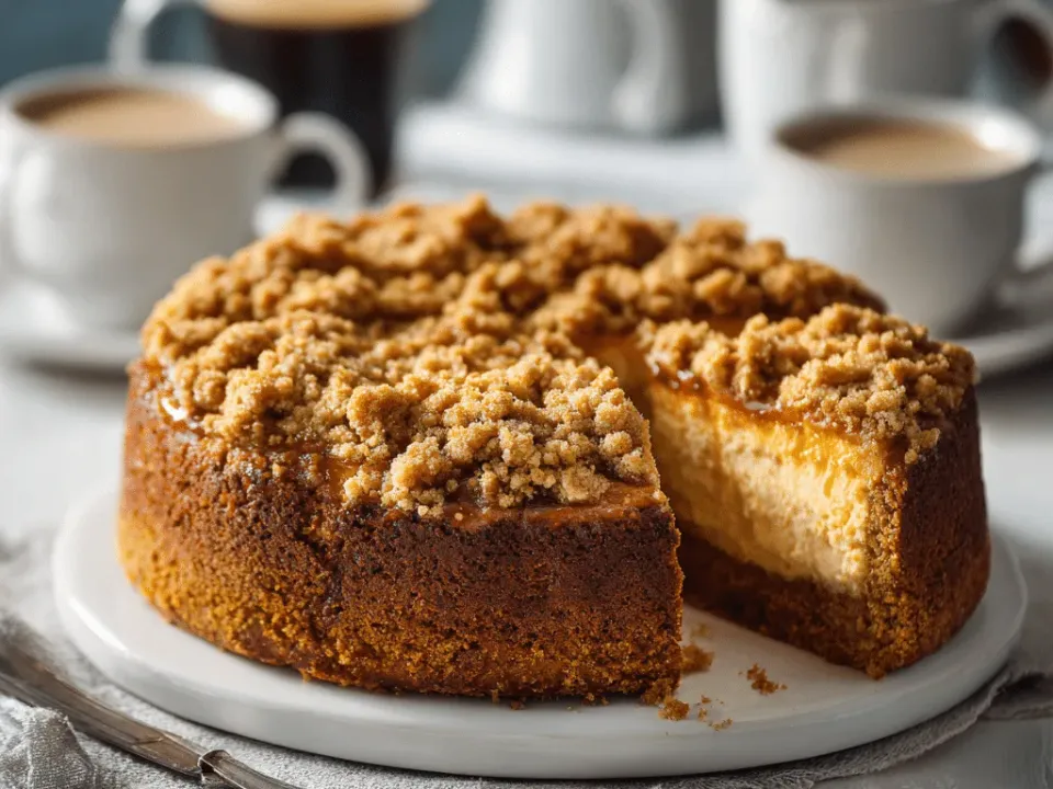 Round streusel-topped pumpkin coffee cake with a wedge cut away, showing a pale cream cheese layer through the middle