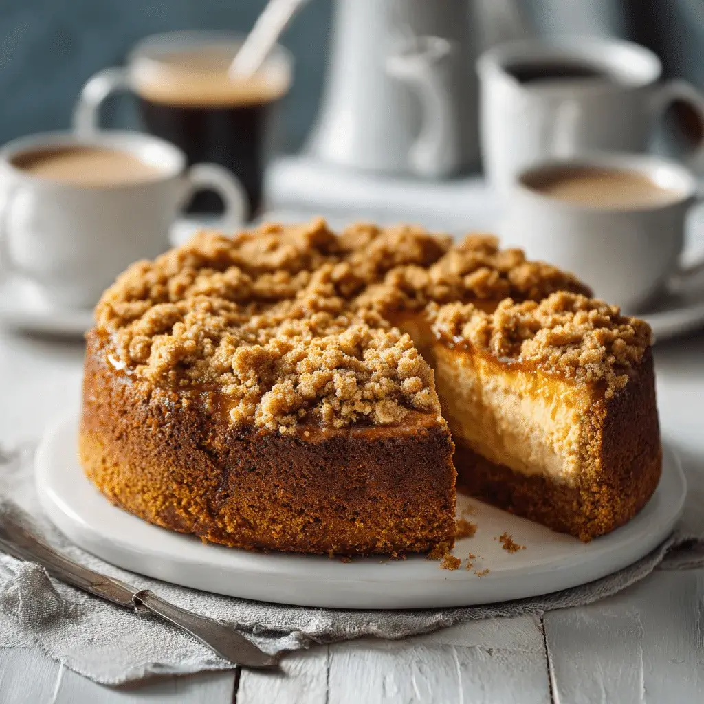 Pumpkin cream cheese coffee cake with streusel topping on table