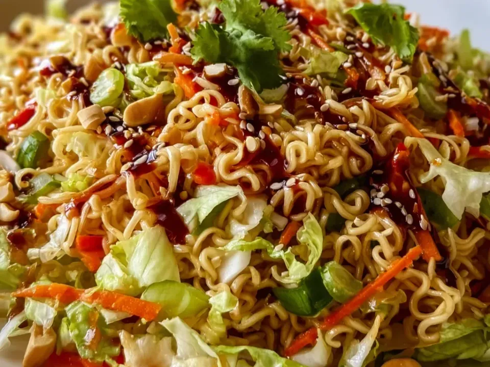 A white plate piled with crunchy dry ramen curls, shredded cabbage, carrot strips, green onion and whole cashews, drizzled with dark dressing and sesame seeds, topped with cilantro, a lime wedge behind