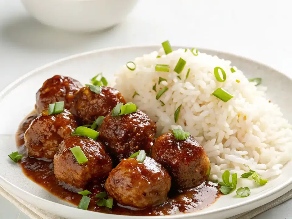 Slow Cooker Honey Garlic Meatballs & Rice