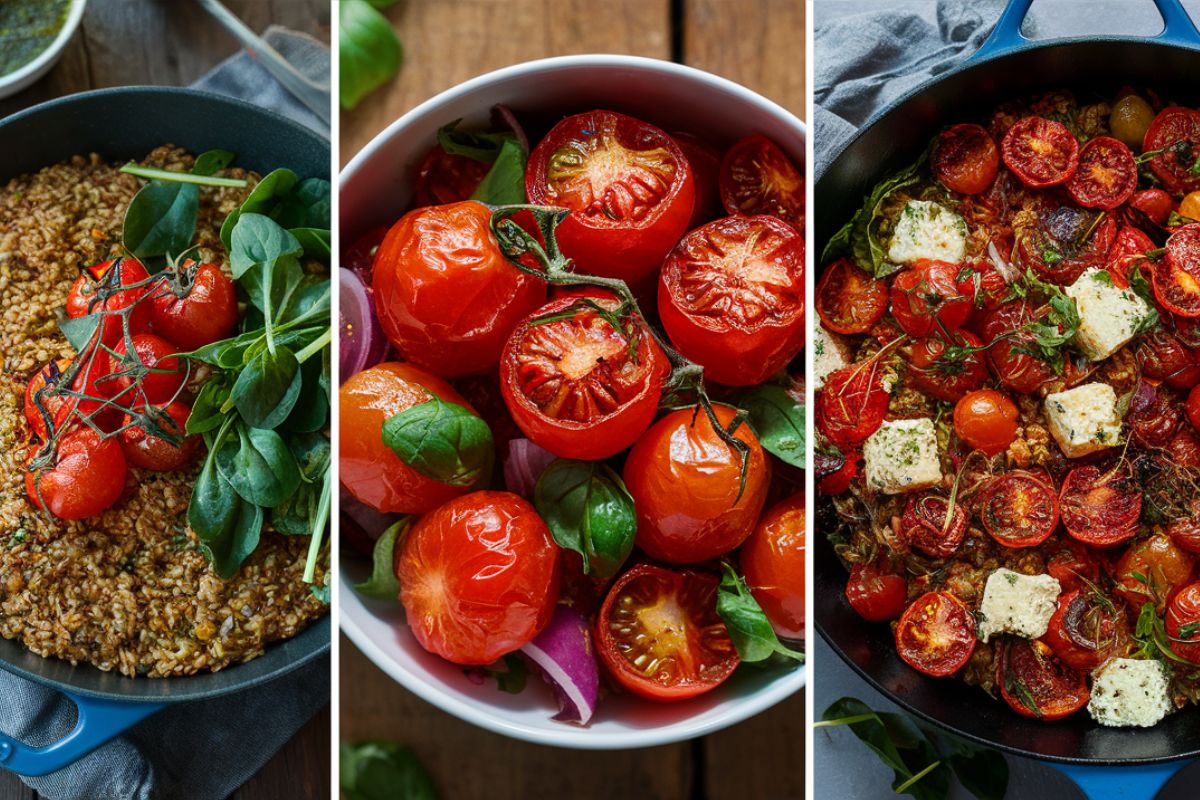 Farro with Blistered Tomatoes Pesto and Spinach