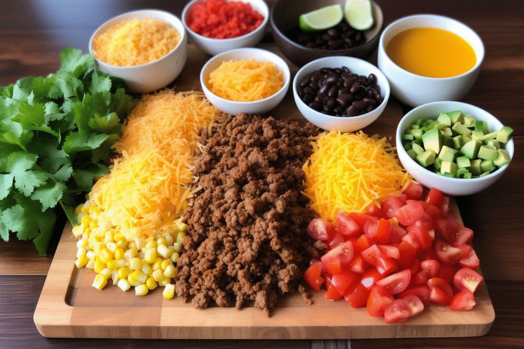 Ingredients for Crockpot Taco Tater Tot Casserole laid out including ground beef, cheese, salsa, tater tots, and seasonings