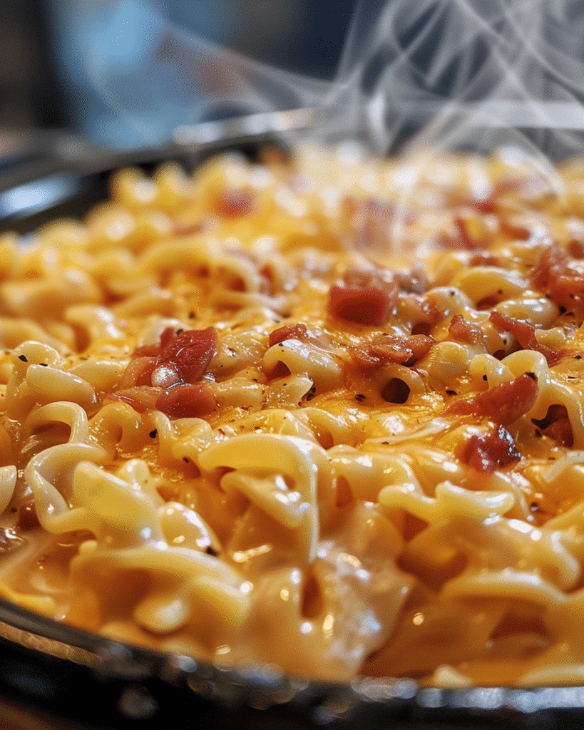 A plated forkful of Crockpot Million Dollar Pasta with cheese stretch